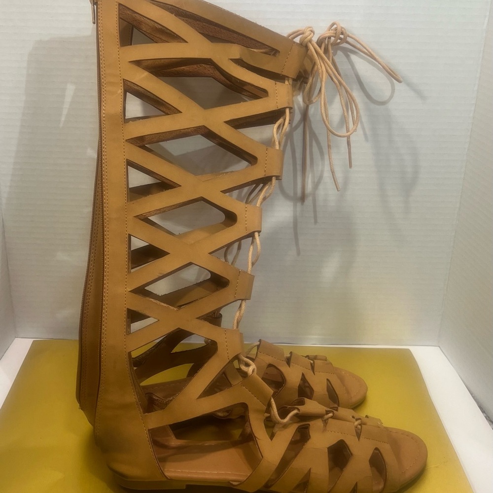 Women's Gladiator Knee-High Lace-Up Sandals - Tan
